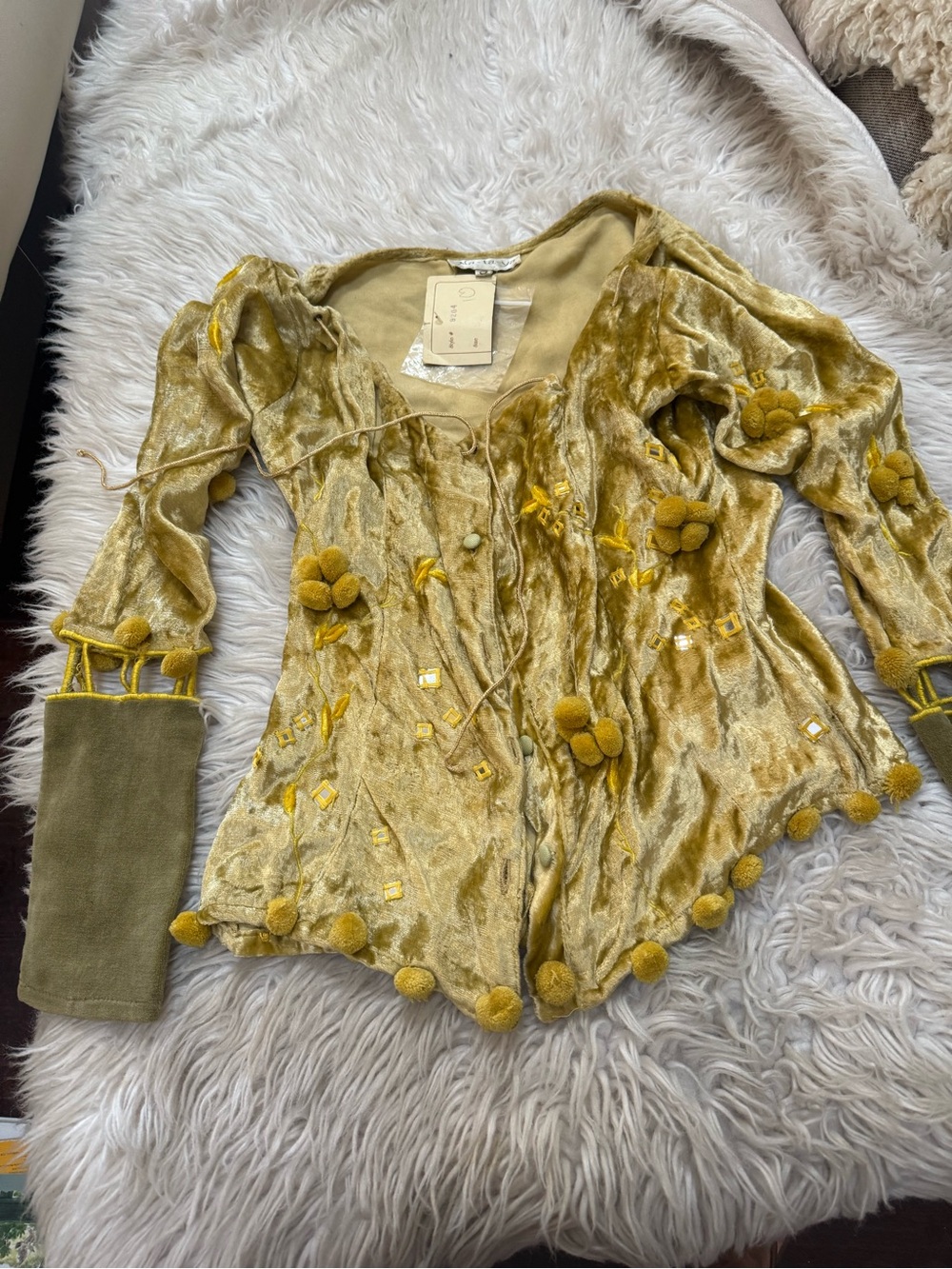 Golden Velvet Embellished Cardigan - Pom Pom Detail